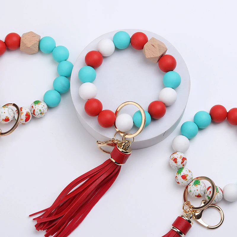 Hemasa Green Christmas Tree Silicone Bead Keychain Red Tassel Bracelet Keyring Accessories Woman Man Bracelet Gifts Bag Pendant