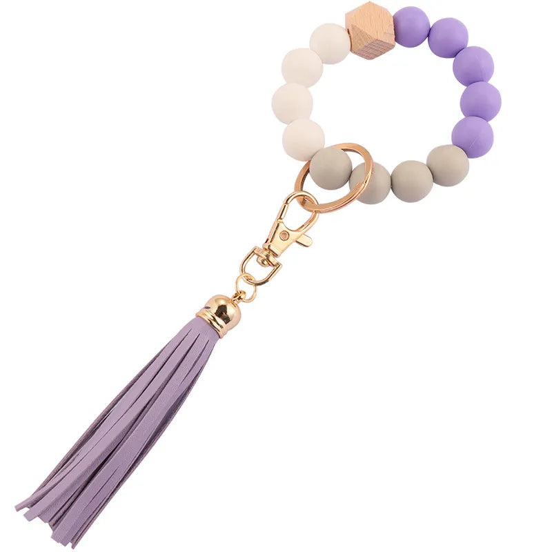 Hemasa  Silicone Wood Beads Keychain Keyring For Women Wristlet Bracelet Pendant Keychain With Jewelry Accessories