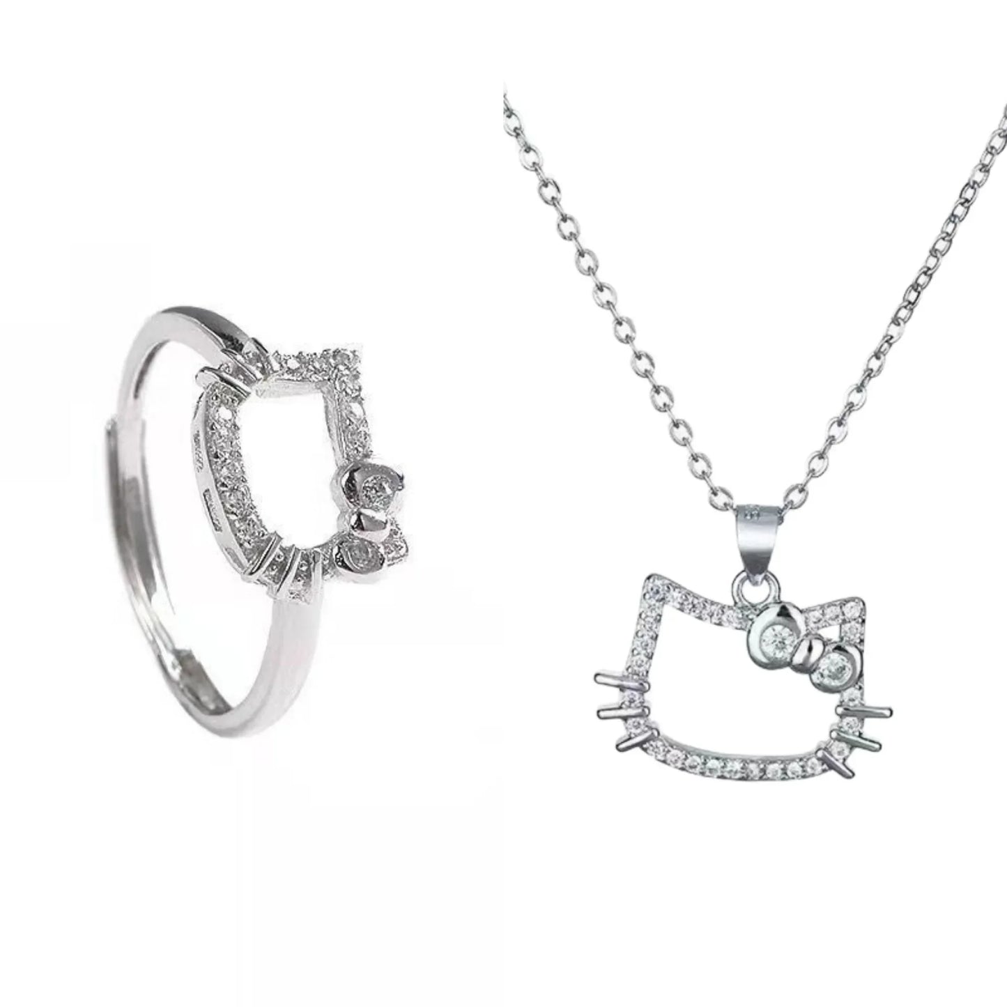 New Kawaii Sanrio Hello Kitty Sparkling Diamond Necklace Cartoon Cute Sexy Clavicle Chain Girl Cute Ring Jewelry Holiday Gifts