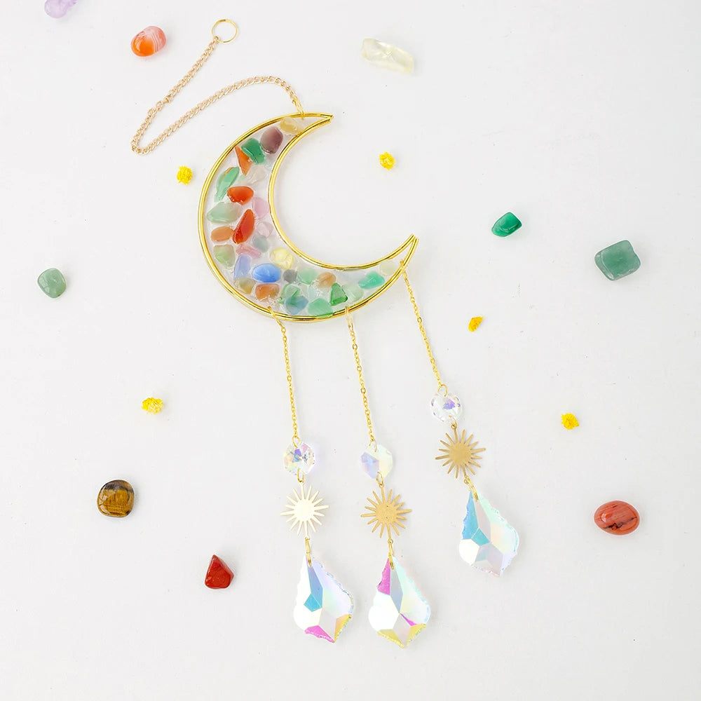 1pc Natural Crystal Gravels Moon Sun Catcher Wind Chime  Energy Quartz Crystal Crafts Christmas Home Decoration Gifts