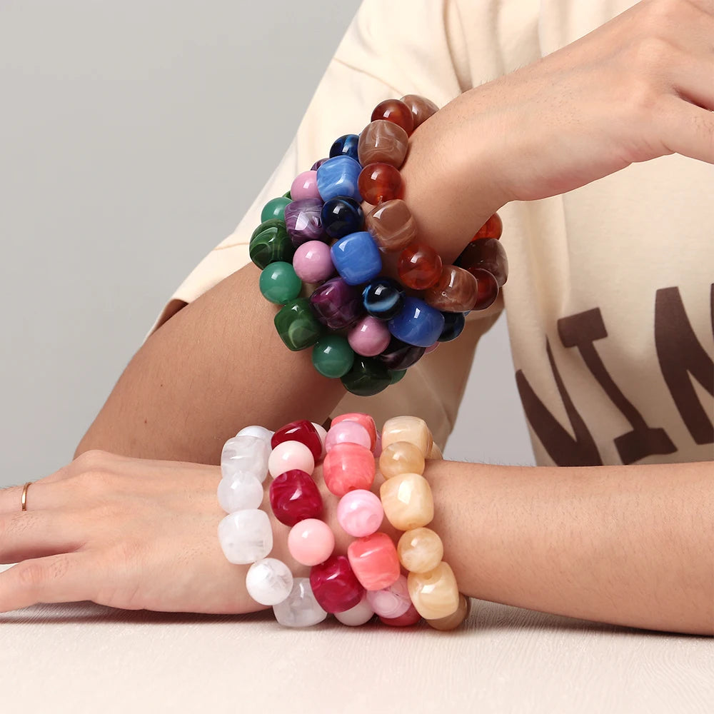 Bohemian Acrylic Geometric Square Round Beads Elastic Bracelets for Women Trendy Resin Beaded Stackable Bracelet Bangle Jewelry