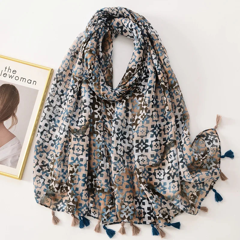 Tejesa Woman Shawl Fashion Design Tassel Cotton Scarf  /Floral Print Ladies Scarves