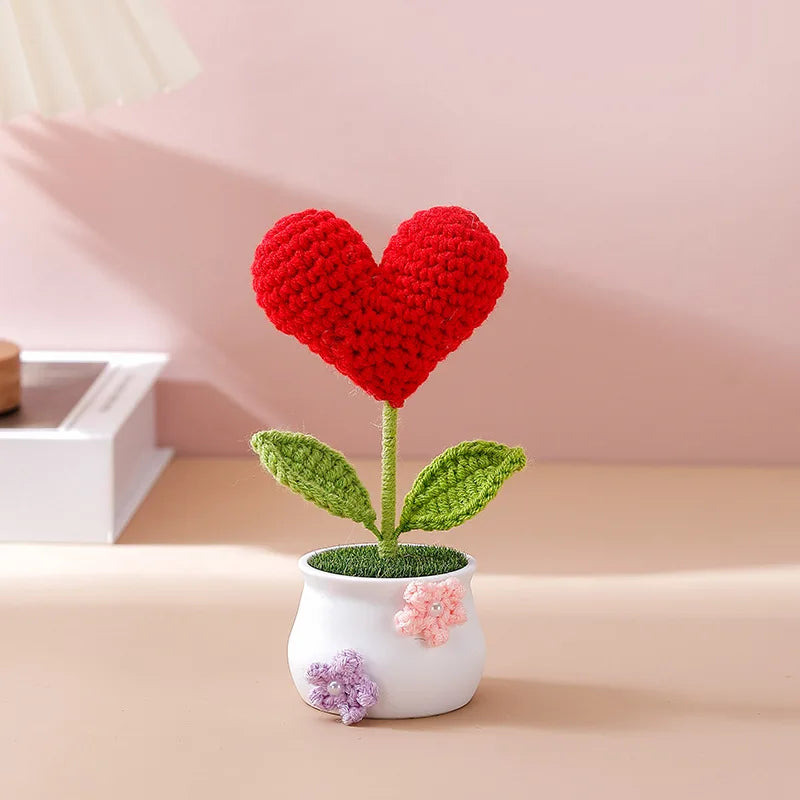 Hemasa Kintted Flower Potted Mini Artificial Flowers/Plant Hand Woven Crochet Tulips Flowers