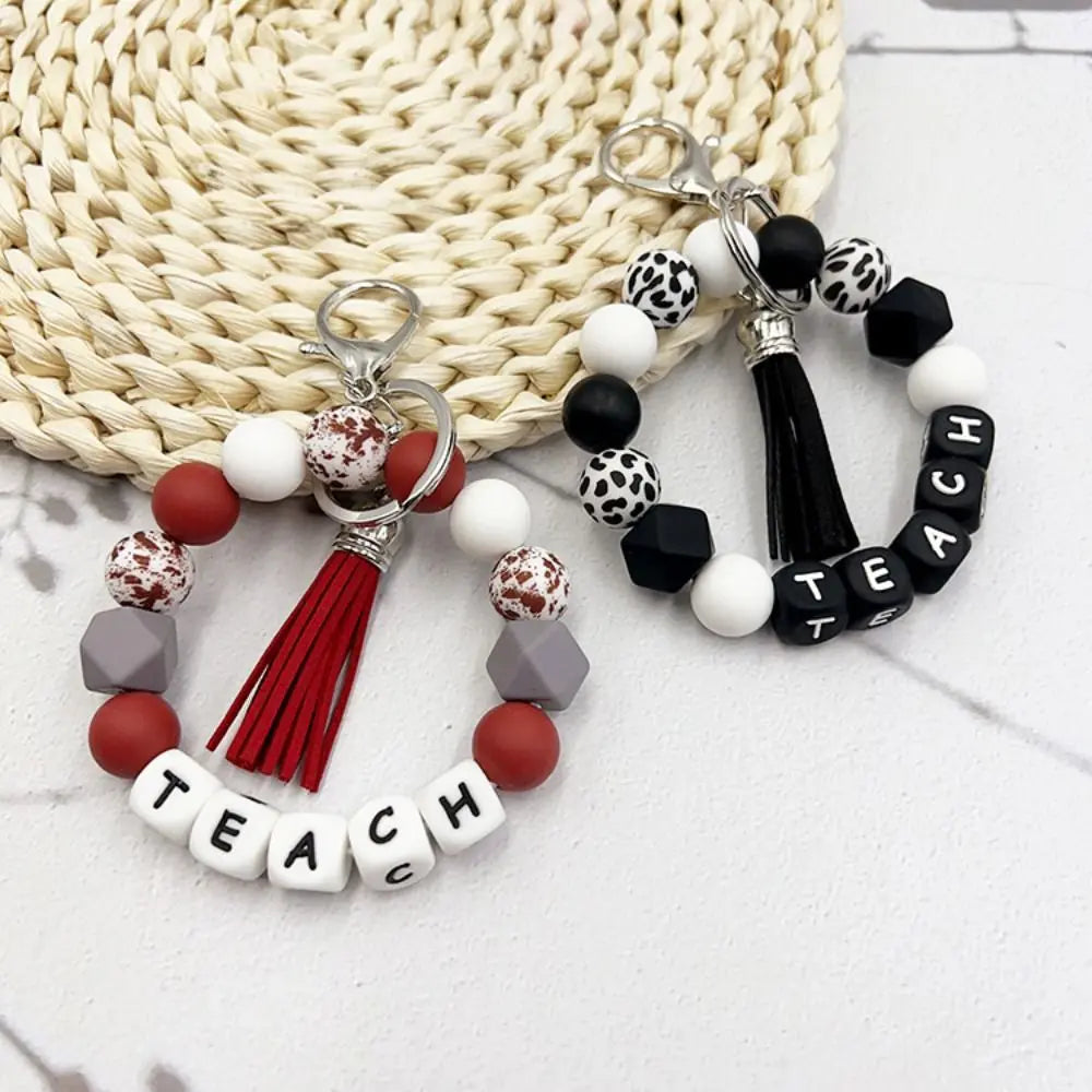 Portable Wristlet Keychain Silicone Beaded Stylish Teachers' Day Gift English alphabet Silicone Car Key Ring Holder Girls