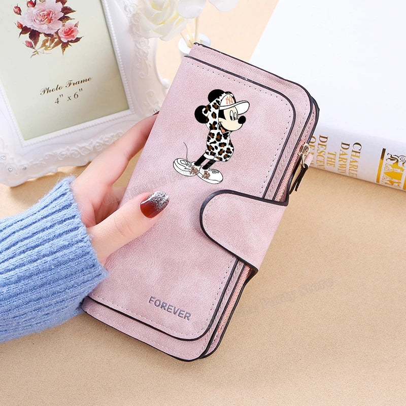 Mickey Minnie Mouse Pu Leather Wallet Women Zipper Frosted Coin Purse Ladies Credit ID Card Holder Disney Versatile Long Wallet
