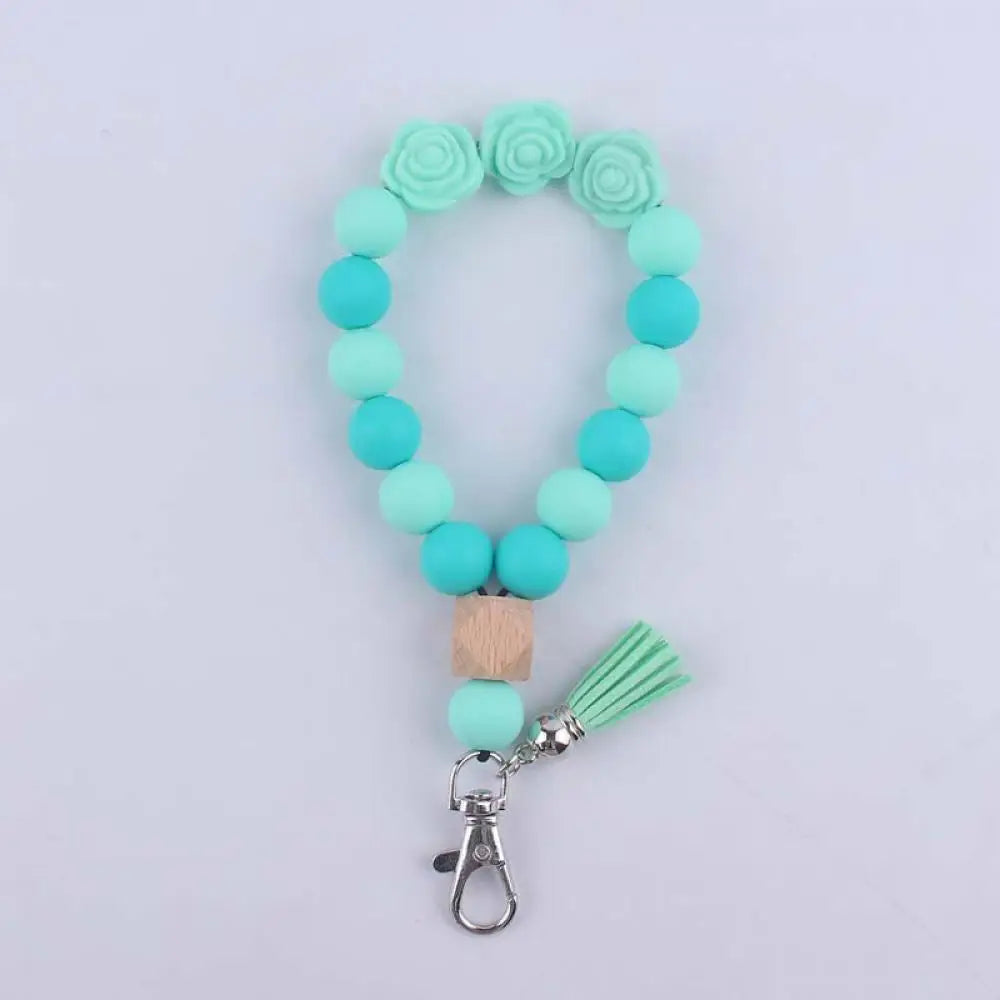 Fashion Silicone Keychain Food Grade Teether Round Bead Keyring Tassel Bracelet Pendant Keychain For Women Lobster Clasp Keyring