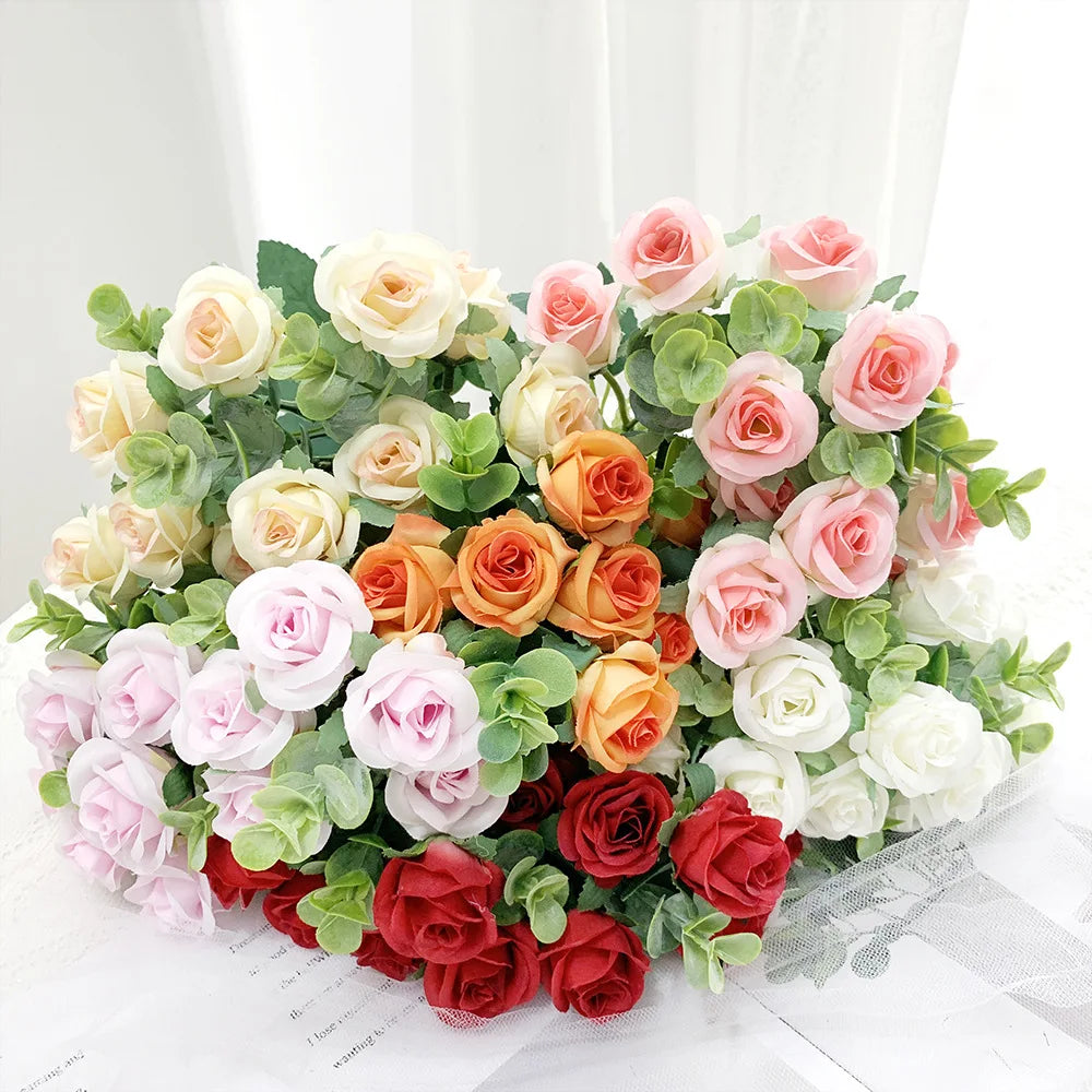 Tejesa 30cm 10Heads Artificial Red Roses Flower Bouquet Home Living Room Office Desktop Ornament Fake Flowers Wedding Party Decor