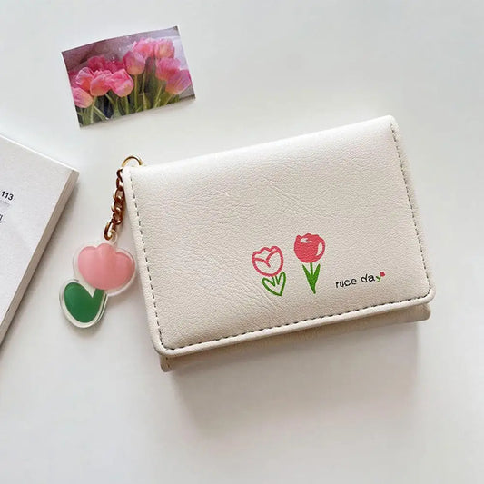 Small Wallet Tulip Short Wallet Student Triple Fold Card Holder Girl ID Bag Coin Purse Cute Wallets for Women Change Storage