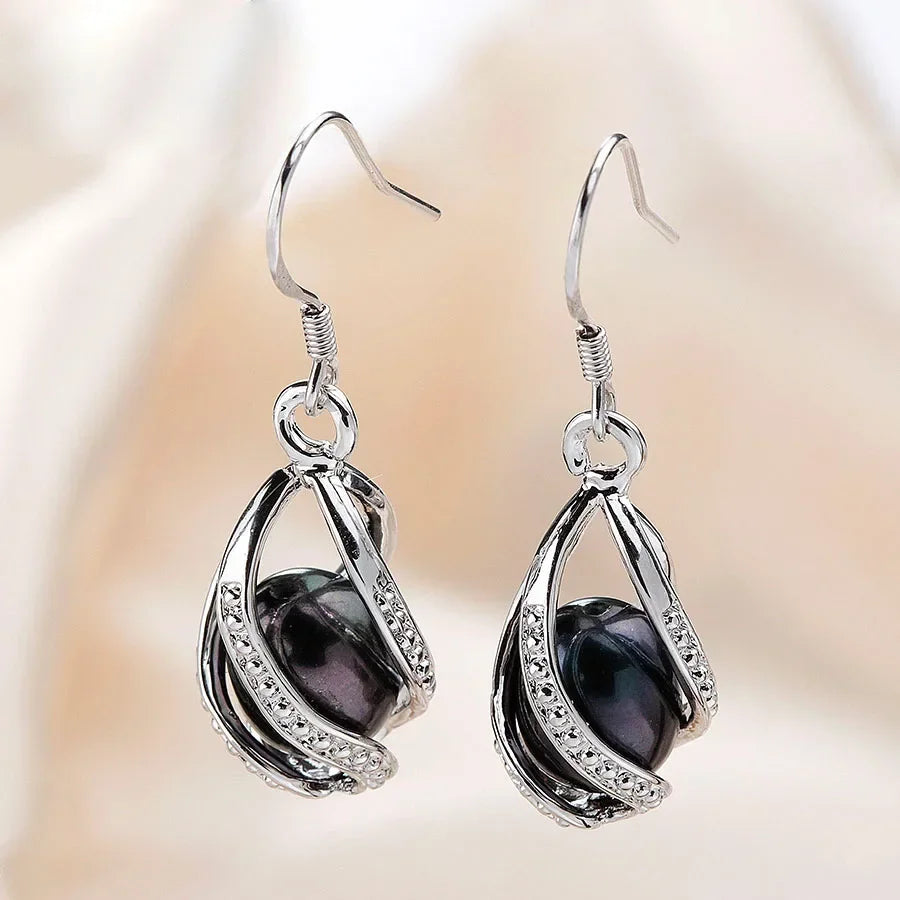 YWYC 7-8mm Natural Freshwater Pearl Drop Earrings Rice Shape Pearl In Cage 925 Silver Earrings for Women Jewelry Gift