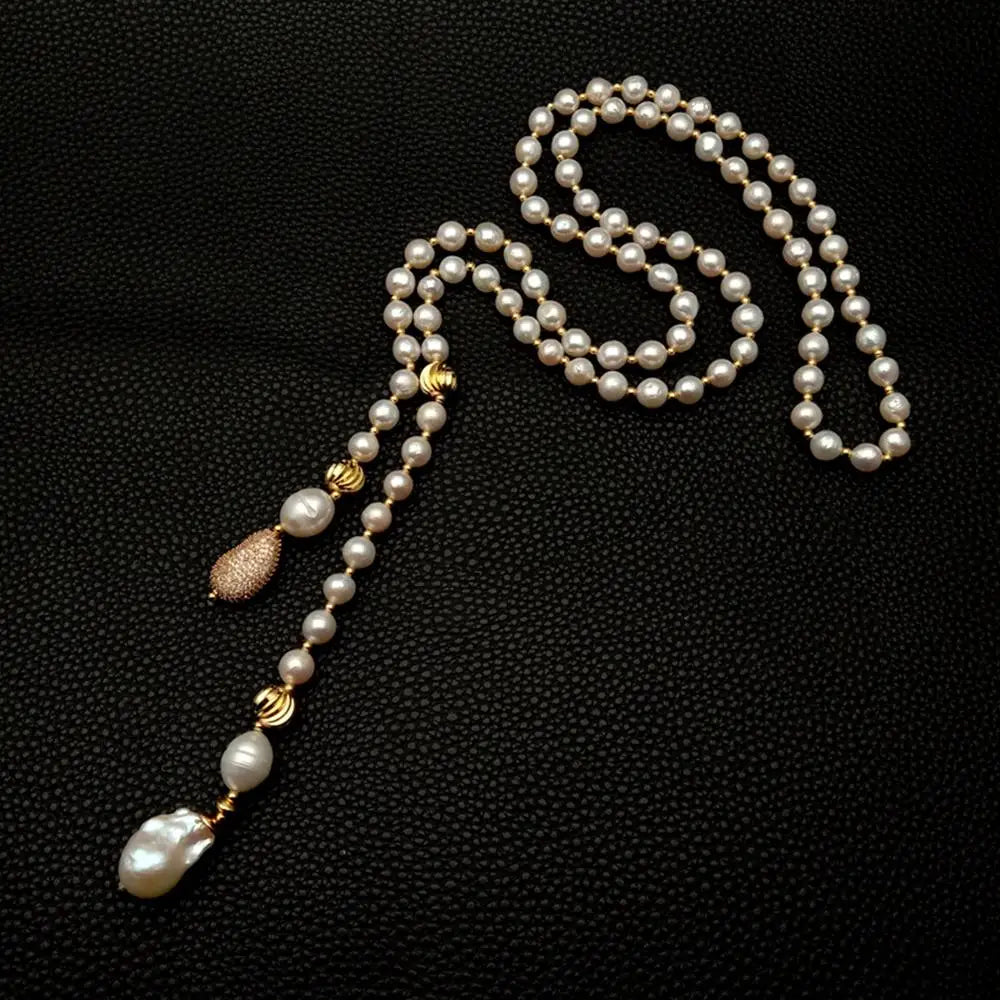 YYGEM White reborn Keshi Pearl  connector  8-9mm near round Freshwater pearl 40" Long  Necklace