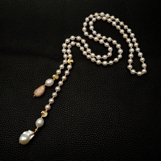 YYGEM White reborn Keshi Pearl  connector  8-9mm near round Freshwater pearl 40" Long  Necklace