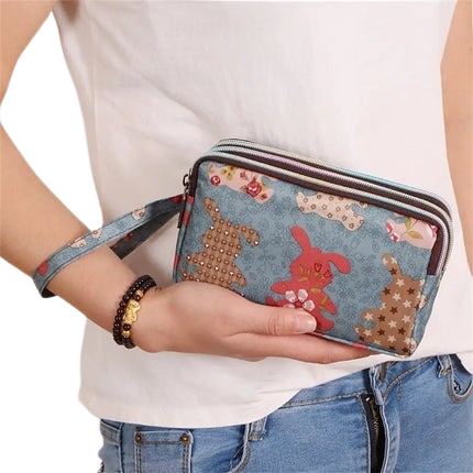 Hemasa 3 Zipper Women Waterproof Purse Cell Pouch Handbag Wallet Wristlet Bag Women'S Fabric Coin Purse Bag Mobile Wallet Clutch Bag
