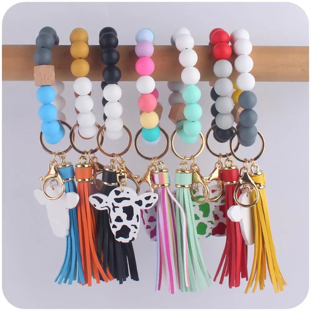 Fashion Colorful Silicone Round Beads Keychain Cartoon Cow Head Wooden Sign Keyring For Women Bracelet Tassel Pendant Key Chain