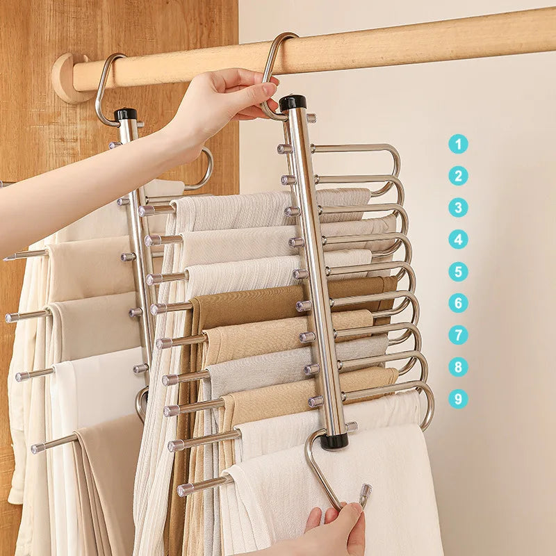 Tejesa  Folding Magic Pants Hangers,5/9Layer Stainless Steel Space Saving Clothes Rack,Jeans Trousers Scarf Organizers for Closet