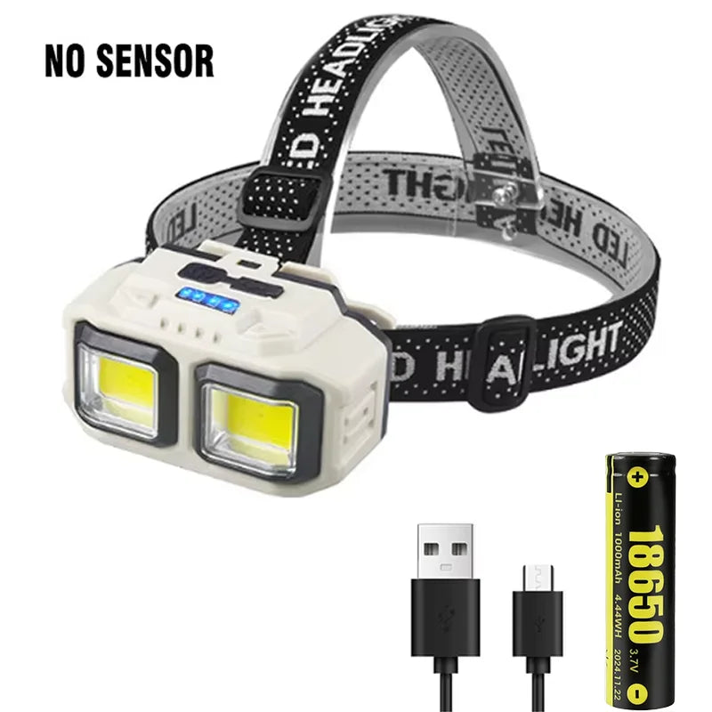 Hemasa Super Bright Mini LED Headlamp USB Rechargeable 18650 Battery Headlight Dual Light Source Outdoor Camping Hunting Head Lamp