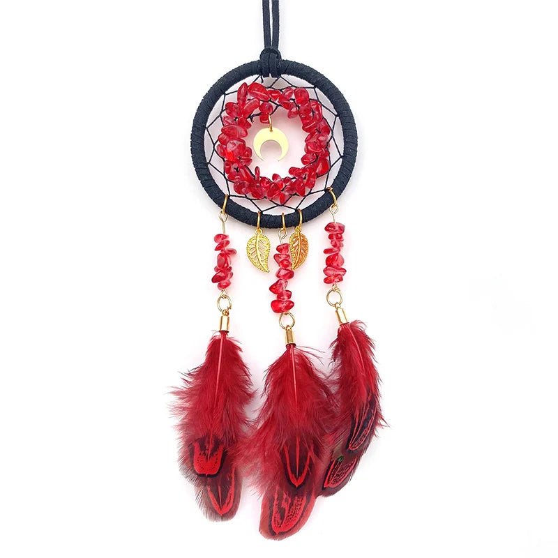 Hemasa Red Colour Crystal Stone Red Feather Wind Chime  Dream Catcher  for Car Pendant Creative Bedroom