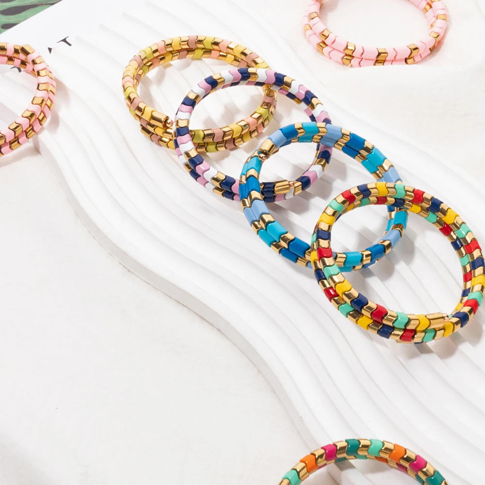 Tejesa 5X6mm  Enamel Colorful  Circle Tube Beads Bangle Bracelet  For Women
