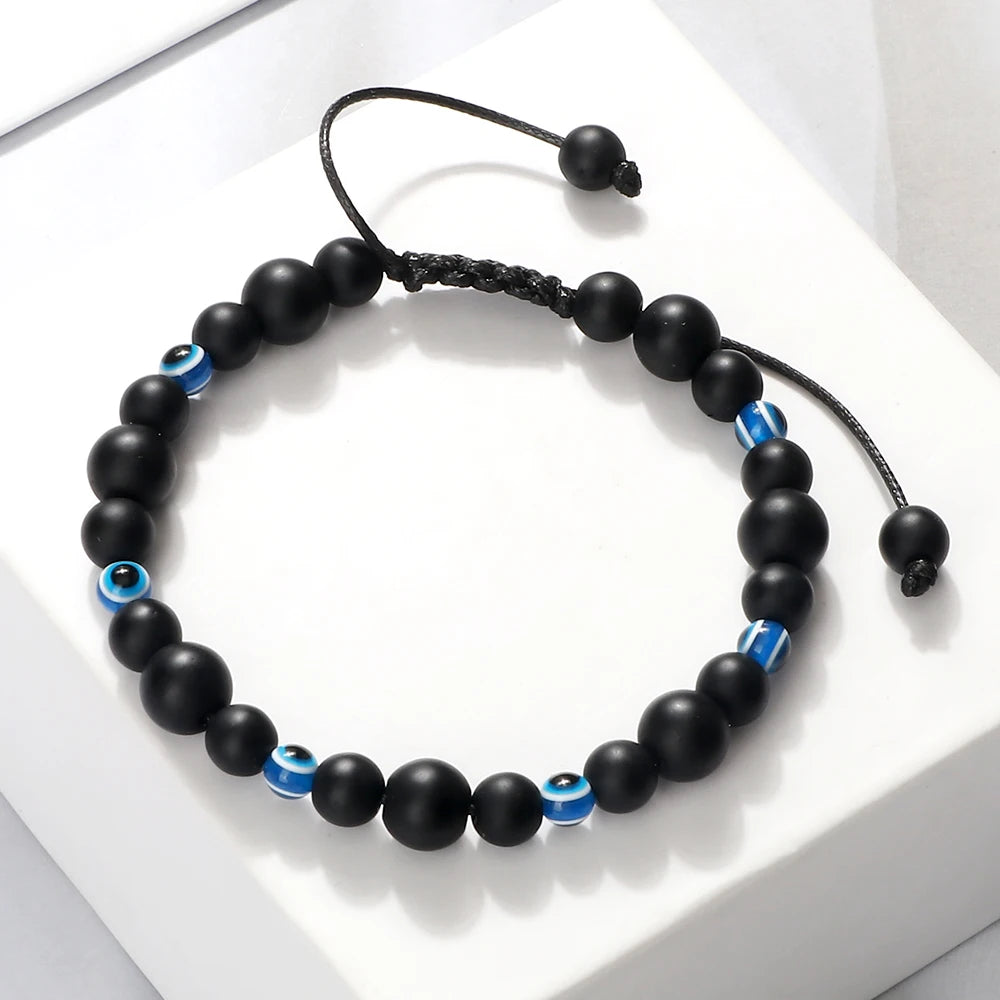 Blue Evil Eye Beaded Bracelets Natural Cat Eye Stone 6 8mm Opal Men Bangles Adjustable Women Bracelet Lucky Yoga Jewelry Gifts