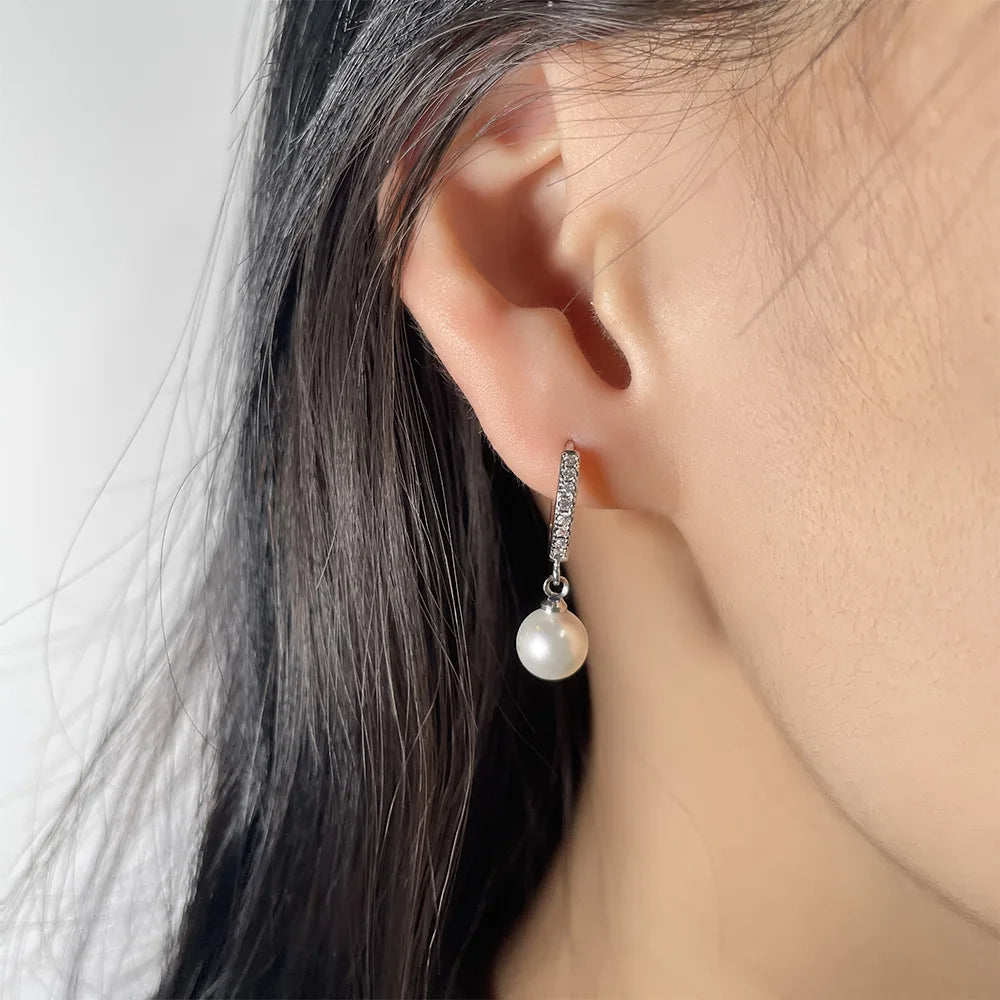 Hemasa Silver Color Simulated Pearl Inlaid Zircon Dangle Earrings for Women Classic Drop Round Ear Buckle Wedding Bride Luxury Jewelry