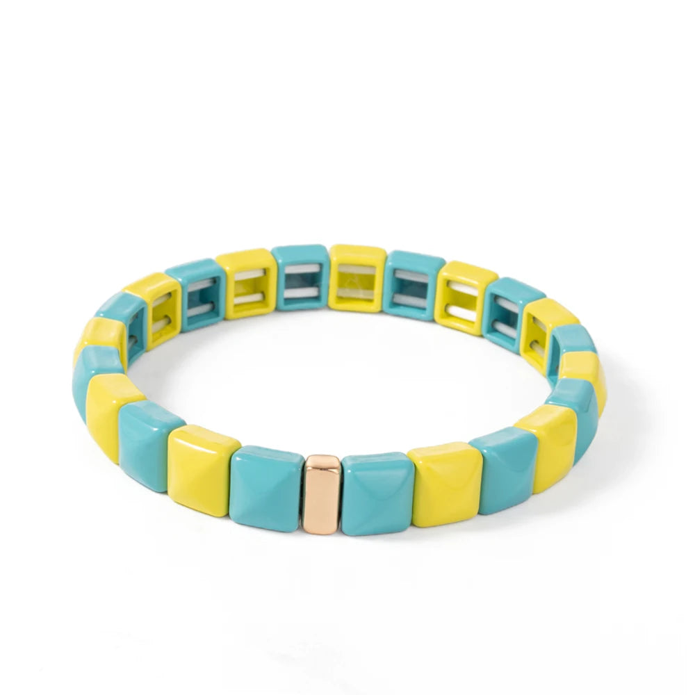 Tejesa Colorful Enamel Square Shape Rhombus Faced Bohemain Geometric Elastic Bracelets For Women