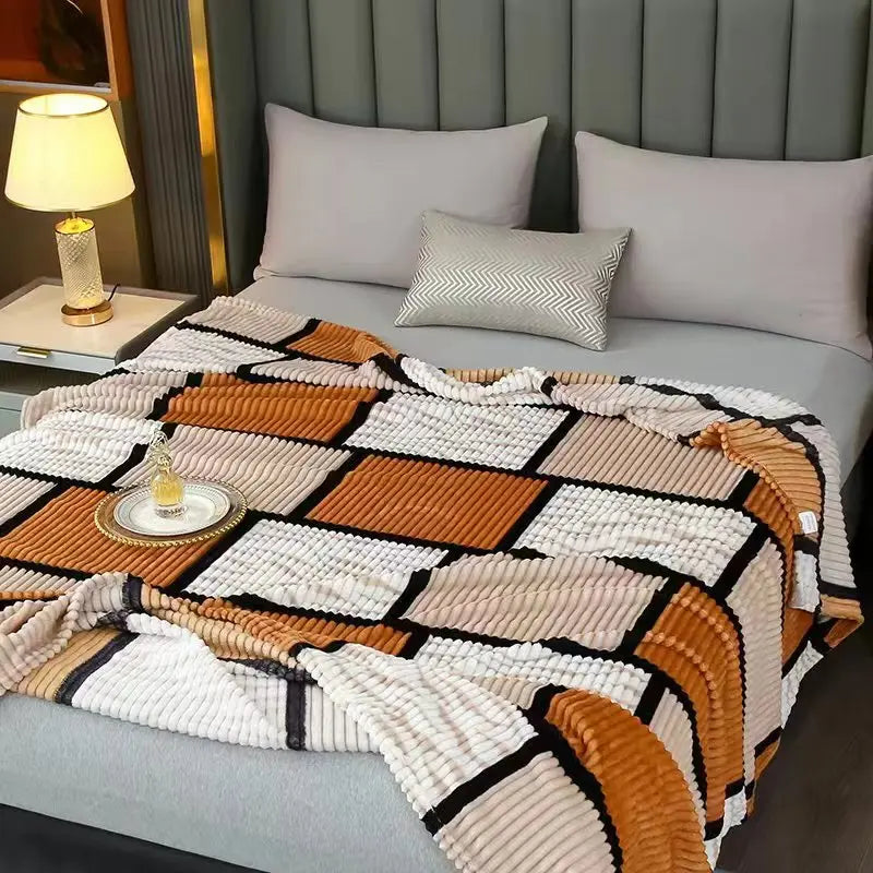 New Geometric Grid Printed Blanket Milk Velvet Plush Blanket Casual Office Thin Blanket Machine Washable Plaid Blankets