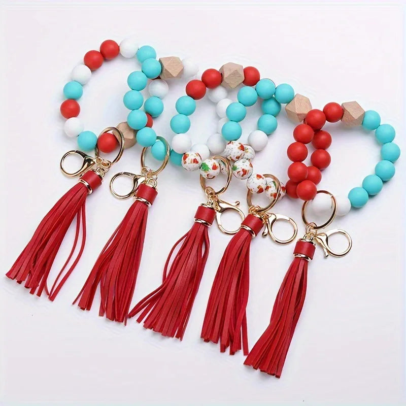 Hemasa Colorful Silicone Tassel Bracelet Keychain /Wood Beads Christmas Theme Party Favor Jewelry Accessory Versatile Gift