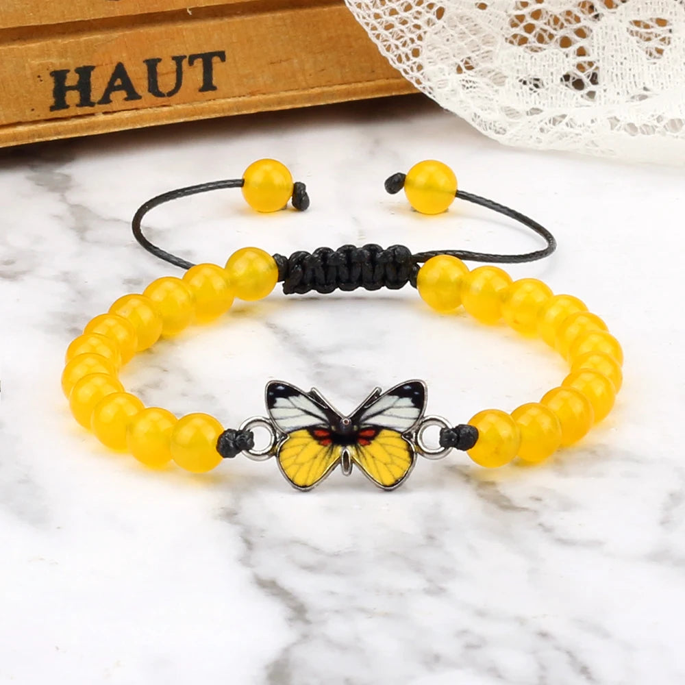 Vintage Natural Stone Agate Bracelets Charm Yellow Butterfly Adjustable Bangles Yoga Jewelry 6mm Black Lava Onyx Beads Bracelet
