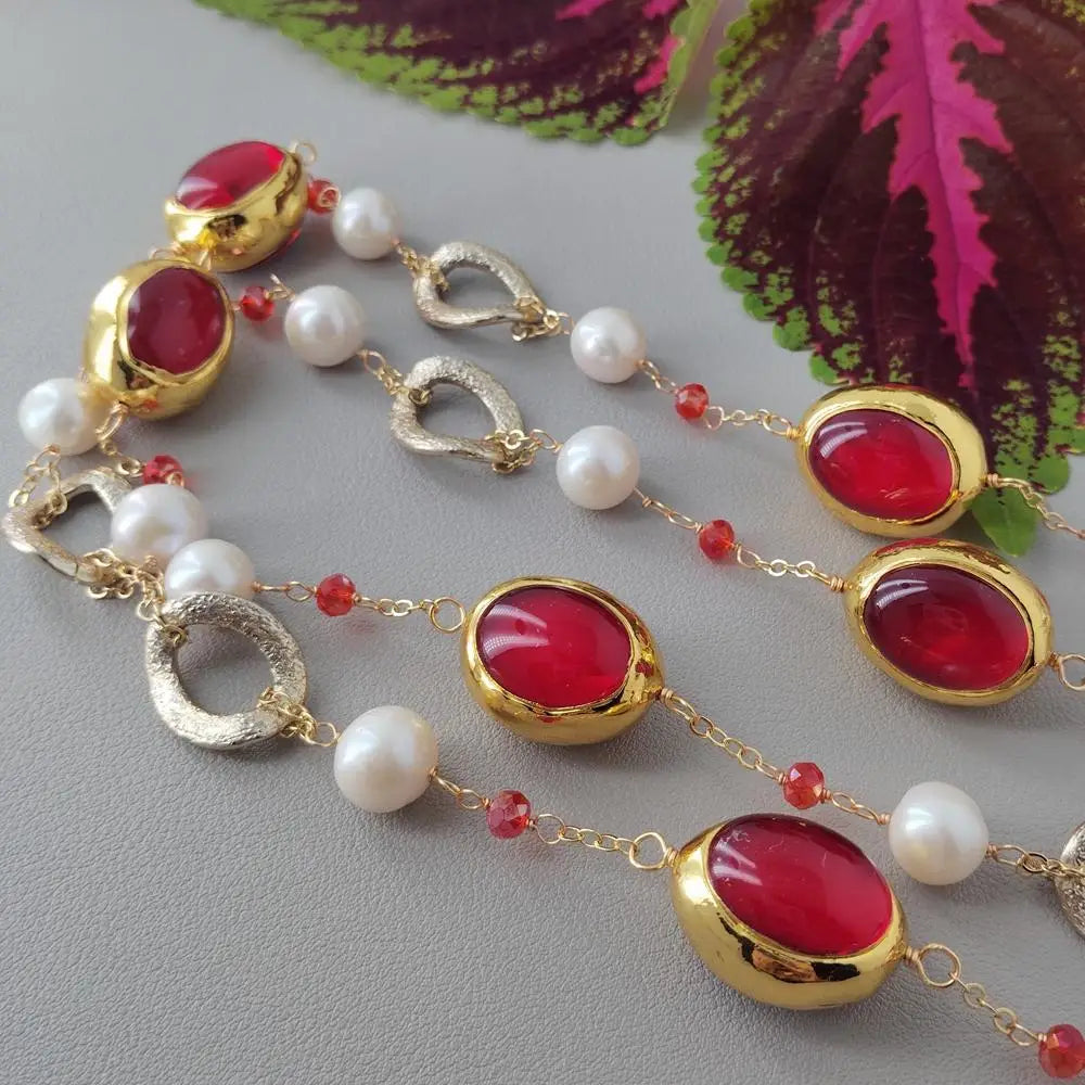 yygem 22x27mm Cultured White Pearl Red Quartz Chain Long Station Necklace Handmade