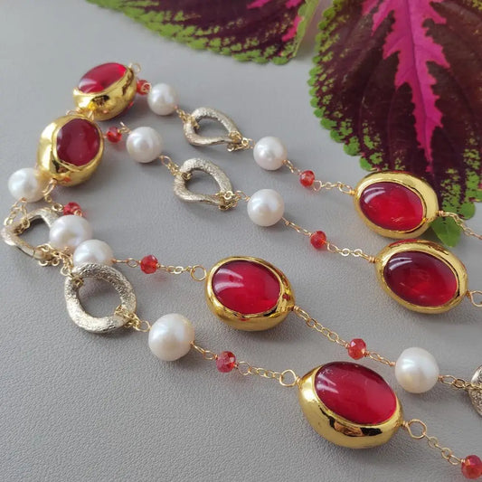yygem 22x27mm Cultured White Pearl Red Quartz Chain Long Station Necklace Handmade