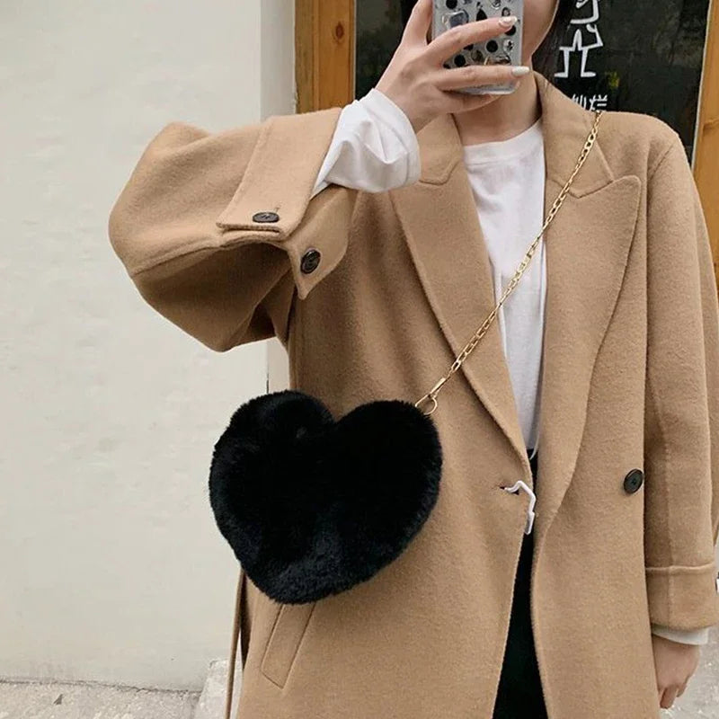 Hemasa Heart Shaped Handbags/ Cute Faux Fur Crossbody Bags/  Lady Soft Plush Chain Shoulder Bag