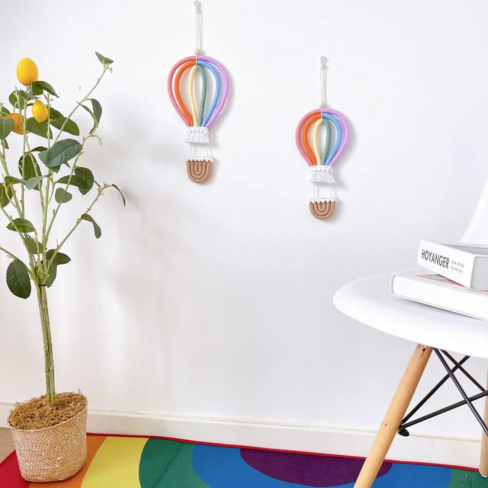 Hemasa  Hot Air Balloon Wall Hanging / Macrame Rianbow Tapestry / Kids Room Decoration