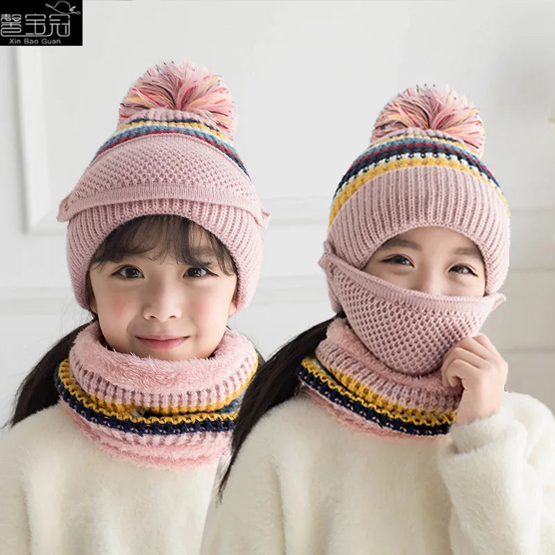 3-10 Years Old Fleece Lined Winter Hats for Girls Knit Beanie Cap Scarf Mask Set Warm Soft Slouchy Skull Cap Snood with Pom Pom