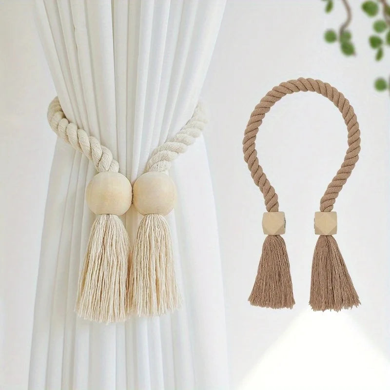 2pcs Magnetic Wood Beaded Curtain Strap Curtain Buckle Clips Holdbacks Curtain Tie for Living Room Bedroom Home Decoration