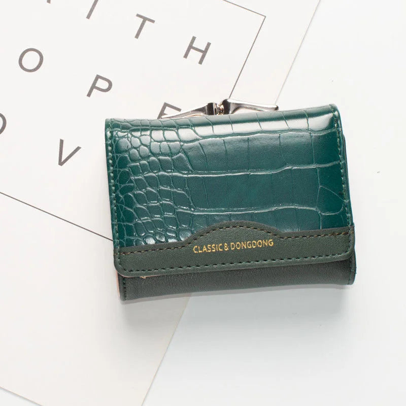 Wallet Women PU Leather Female Short Vintage Tri-fold Student Wallet Simple Multi-card Crocodile Pattern Coin Money Bag Purse