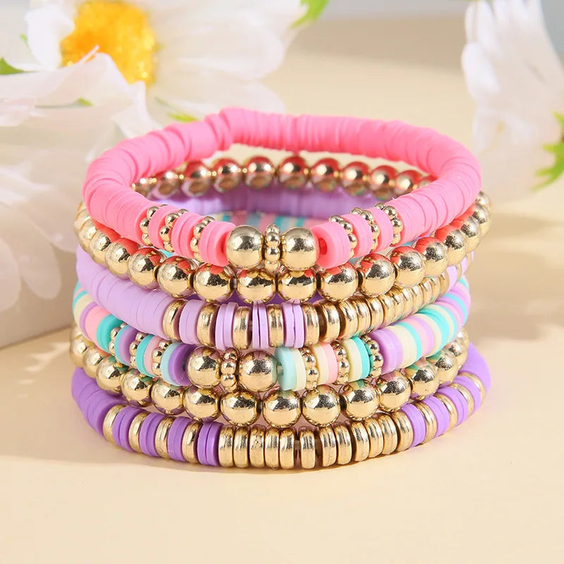 Hemasa 6/7pcs Bohemian Polymer Clay Bracelets Set for Women  /Multilayer Elastic Colorful Beads Bracelet