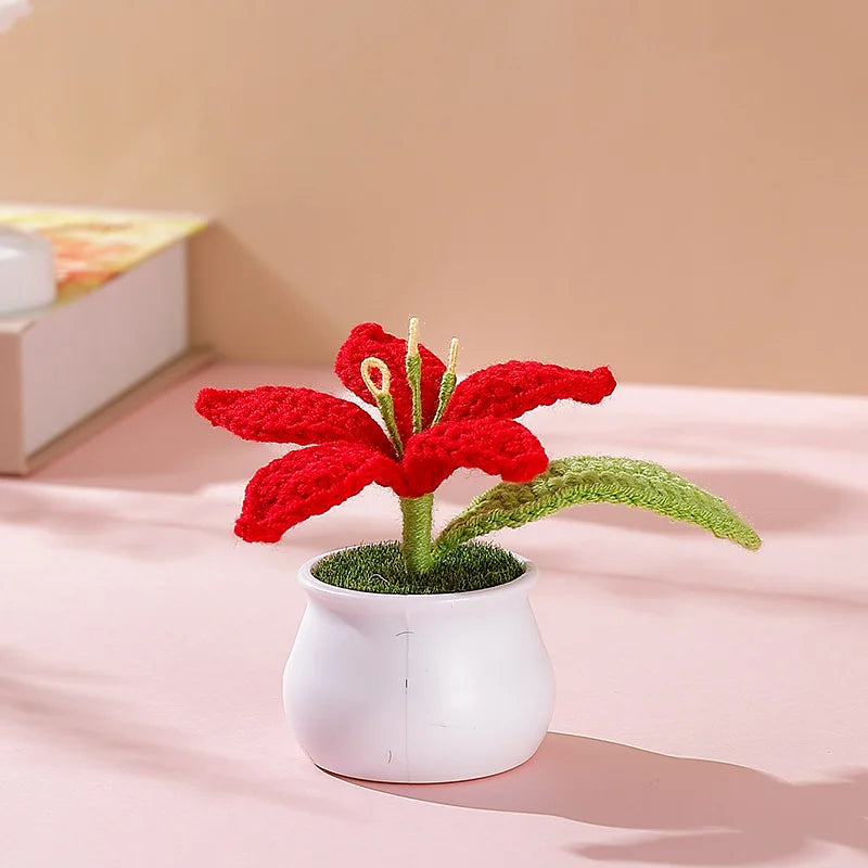 Hemasa Kintted Flower Potted Mini Artificial Flowers/Plant Hand Woven Crochet Tulips Flowers