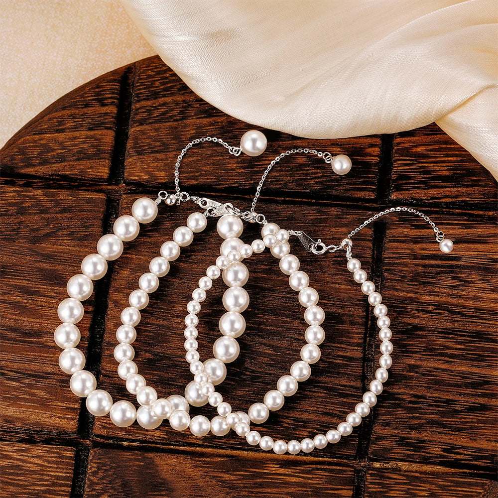 Trumium 925 Sterling Silver Real Pearl Bracelet for Women Girl Beaded Freshwater Cultured Pearl Bangle Bridal Jewelry Gift