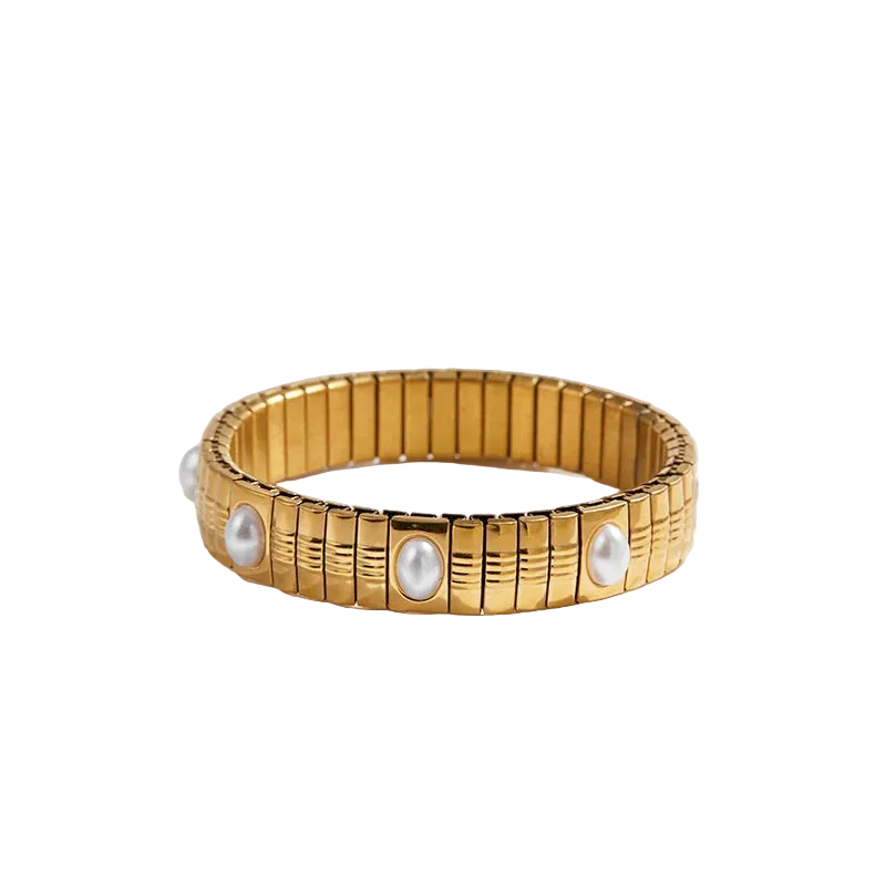 Tejesa  Stainless Steel Gold Plated  Pearl Elastic Bracelet Women /Girls
