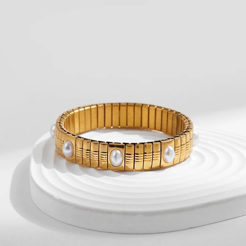 Tejesa  Stainless Steel Gold Plated  Pearl Elastic Bracelet Women /Girls