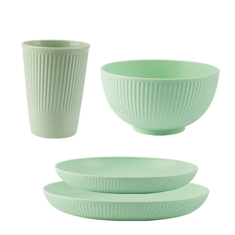 Heamsa 4Pcs Wheat Straw Tableware Set Plate Dish Bowl Cup Unbreakable Kitchen