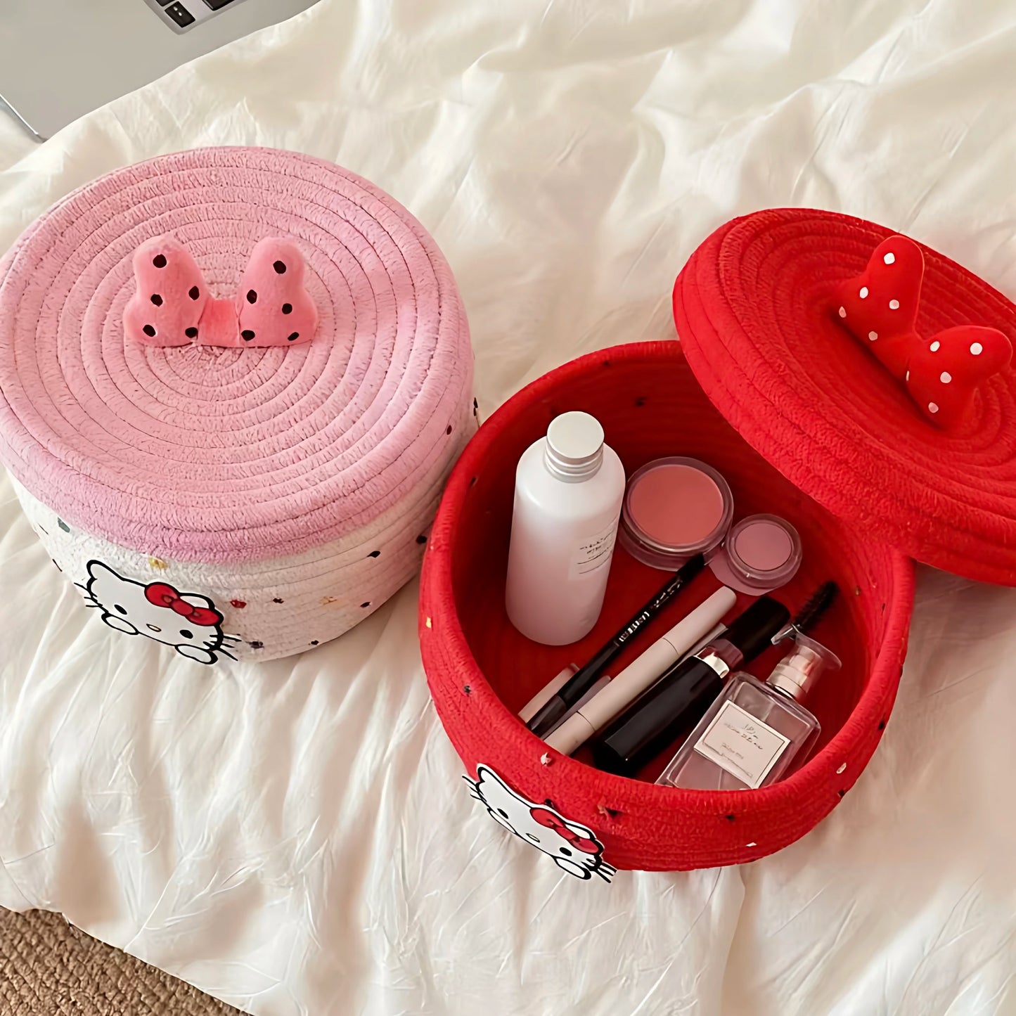 Tejesa Cute Kit  Storage Box with Lid Bowknot Cotton Rope Woven Basket Cosmetic Organizer for Girls Home Storage Supplies