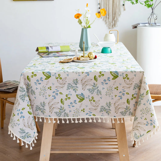 Cotton Linen Floral with Tassel Rectangular Table Cloth