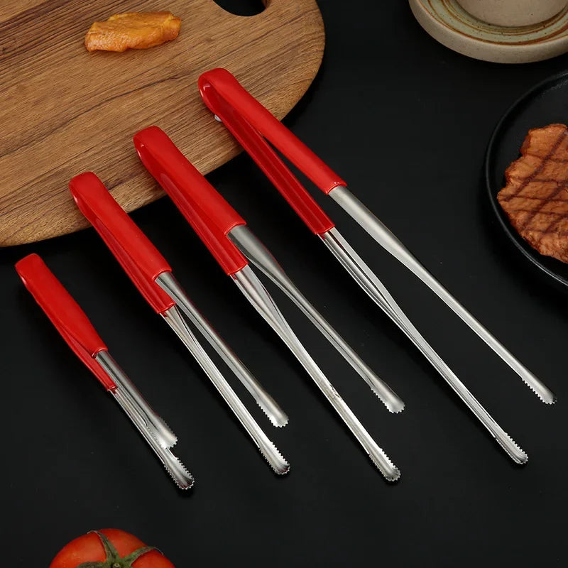 Stainless Steel BBQ Tongs Salad Food Meat Vegetable Red Glue Clips Bread Pasta Serving Tongs Non-Stick Kitchen Cooking Tools