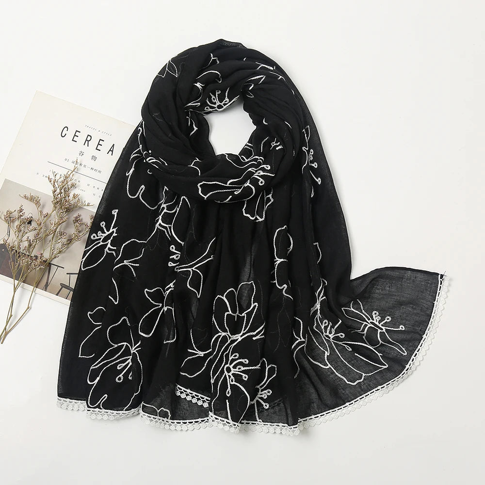Plain Flower Embroidery Hijab Scarf Viscose Muslim Hijab Shawls Women Soft Long Towel Wraps Elegant Casual Heabscarf Turban
