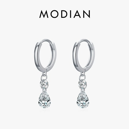 MODIAN 925 Sterling Silver Sparkling Swing Water Drop CZ Hoop Earrings Classic Wedding Earrings Buckle For Women Jewelry Gifts