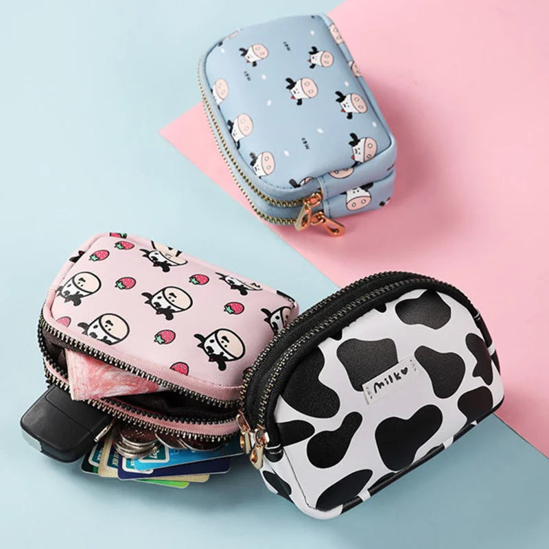 Cute Cow Pattern Coin Purse For Women Card Wallet Students Double Pocket Zipper Key Bag Portable Lipstick Bank Card Storage Bag