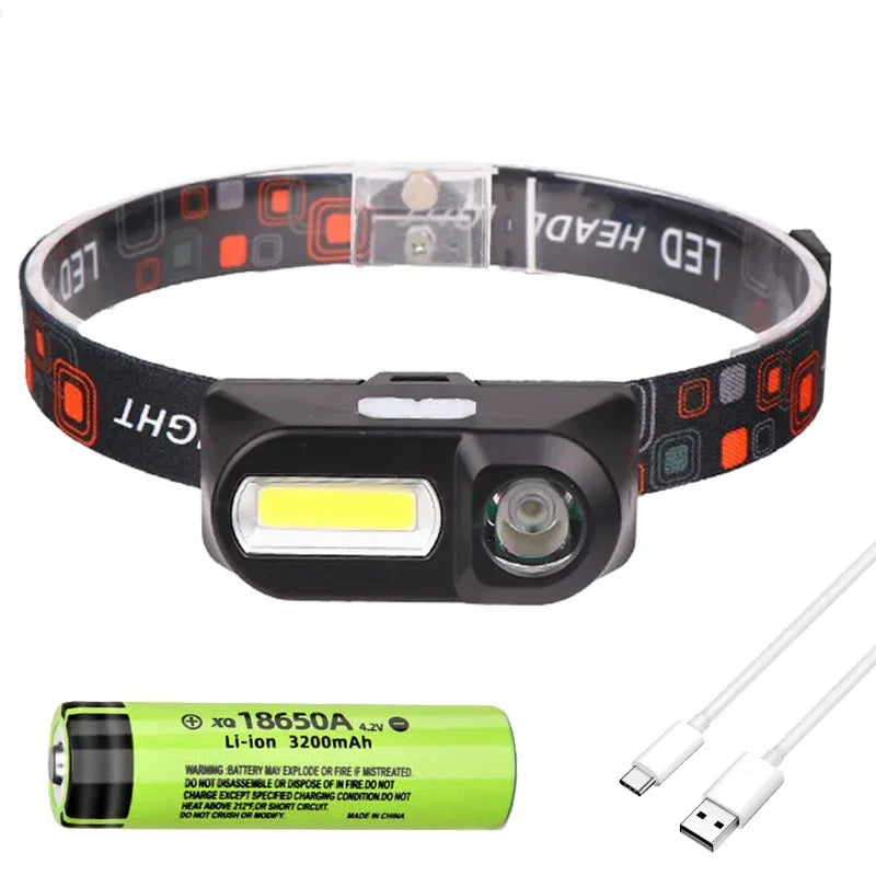 Hemasa LED Strong Light Outdoor Camping Induction Headlight Type-C Charging Hiking Waterproof COB Headworn Night Fishing Light