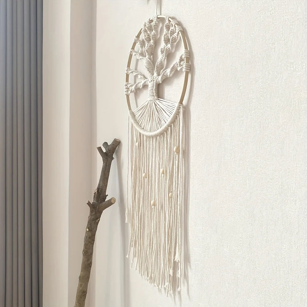 1pc Tree Of Life Dream Catcher Tapestry, Bohemian Hand-woven Tapestry With Tassel, Macrame Wall Hanging For Bedroom Living Room