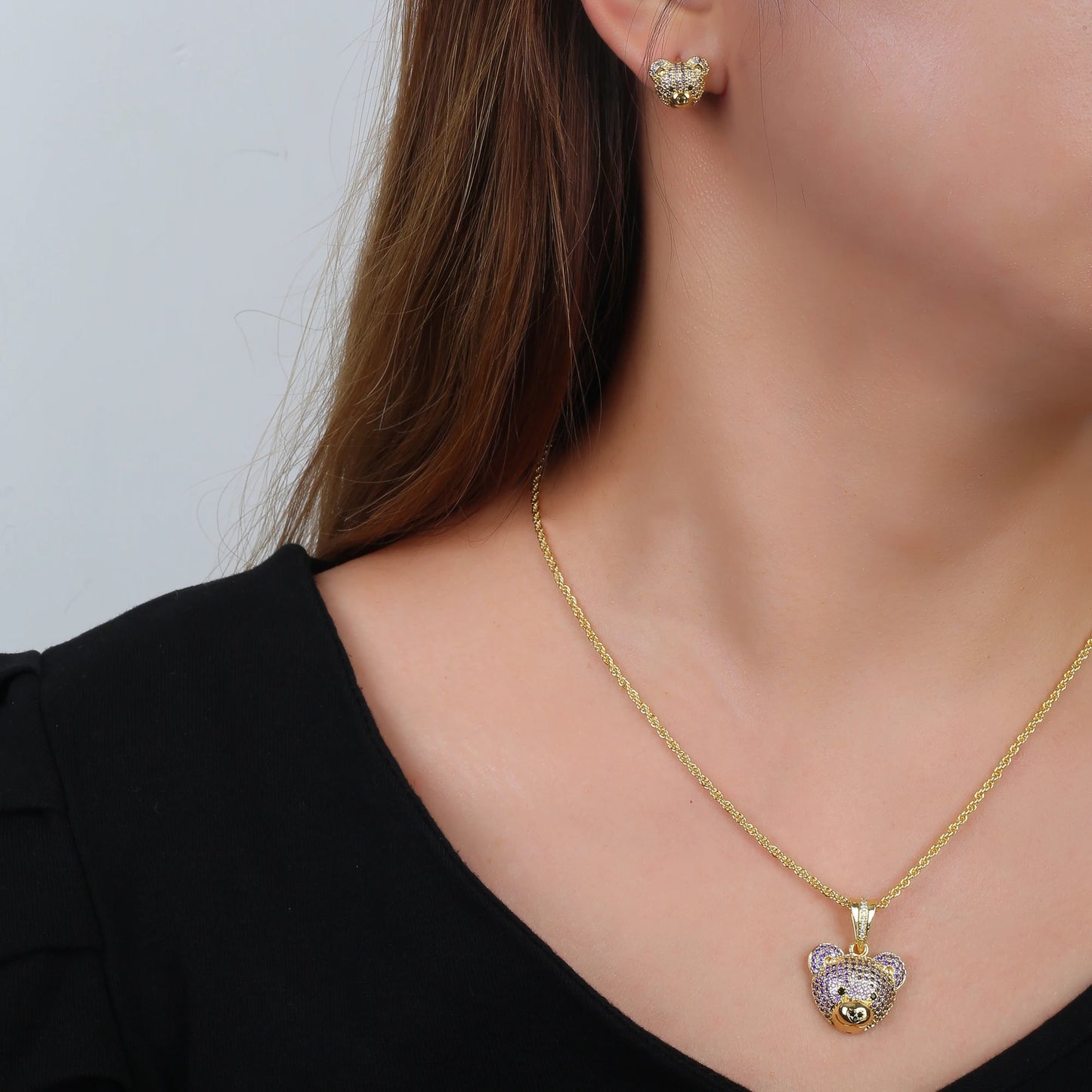Hemasa  Gold Colour Cubic zirconia bear stud necklace