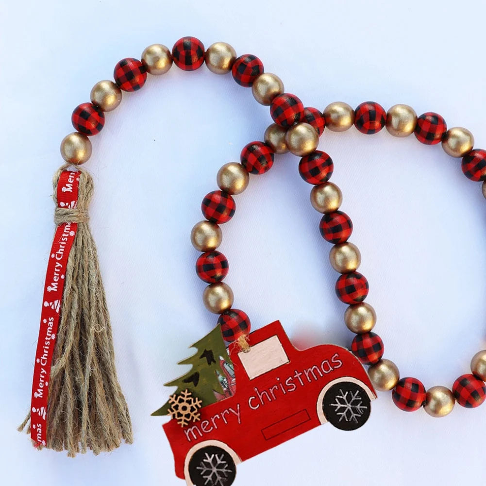 Christmas Wood Beads Garland With Wooden Snowflake Car Pendant Xmas Green Red Wood Bead Garland Tassel Rustic Farmhouse Decor